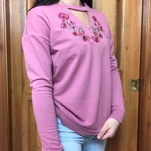 Pink Rose V Neck Cut Out Long Sleeve